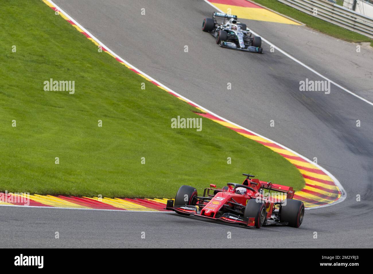 Ferraris deutscher Fahrer Sebastian Vettel und Mercedes britischer Fahrer Lewis Hamilton, abgebildet während des Spa-Francorchamps Formel 1 Grand Prix von Belgien, in Spa-Francorchamps, Sonntag, den 01. September 2019. BELGA FOTO NICOLAS LAMBERT Stockfoto