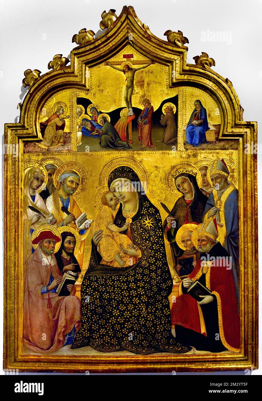 Madonna und Kind enthauptet von den Heiligen Agnes, Andrew, Peter, Jerome und Johannes dem Täufer, Ambrose, Lawrence, Katharina von Alexandria, Bernardino und Augustine von Sano di Pietro, 1405- 1481, christliche Kunst, Italien, Italienisch. Stockfoto