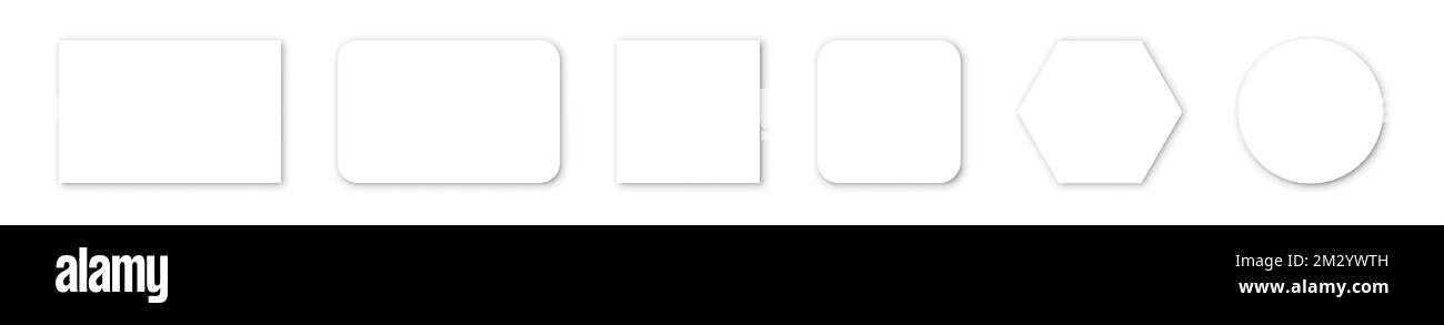 Satz weißer Plastik- oder Papierkarten für Ihr Design. Kann für Kredit, Besuch, Geschenk oder Visitenkarte verwendet werden. 3D gerendert. Isoliert auf weißem Hintergrund. eps 10 Stock Vektor