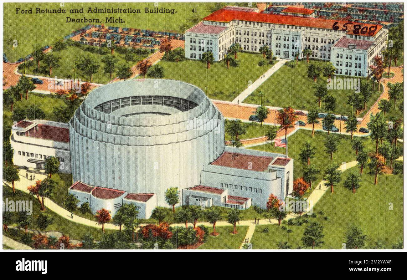 Ford Rotunda und Verwaltungsgebäude, Dearborn, Michigan , Tichnor Brothers Collection, Postkarten der Vereinigten Staaten Stockfoto