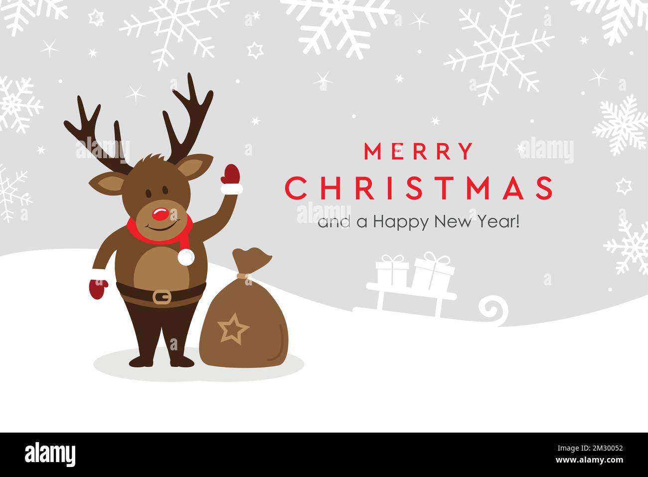 weihnachtsgrußkarte mit niedlichem Hirsch auf verschneitem Hintergrund Stock Vektor