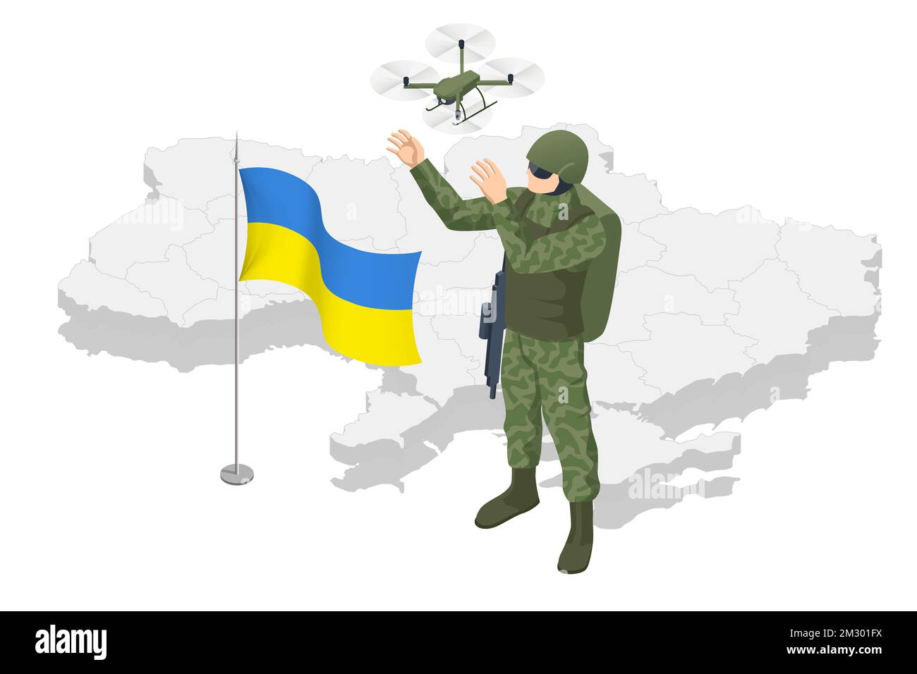 Isometrischer ukrainischer Soldat im Hintergrund der Karte der Ukraine und des nationalen Fragments. Soldatenpolizei Der Sondereinsatzkräfte, Mitglied Des Swat-Teams. Die Armee Stock Vektor
