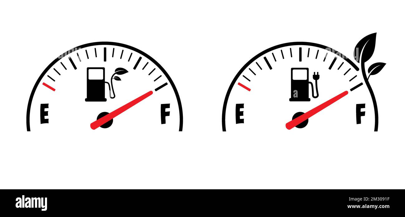 Cartoon-Tankanzeige. Autofilmstation. Benzinpumpe oder Strommessgerät. Elektrokabel mit Pumpe. Tankstelle, Bio-Brennstoff-Tankstelle oder Biodie Stockfoto