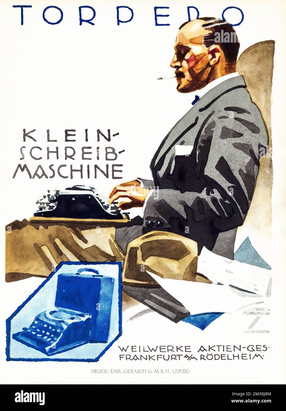 klassisches deutsches Poster - Werbetoster für Torpedo-Schreibmaschinen - Klein-Schreib Maschine Torpedo 1920er - Ludwig Hohlwein-Poster Stockfoto