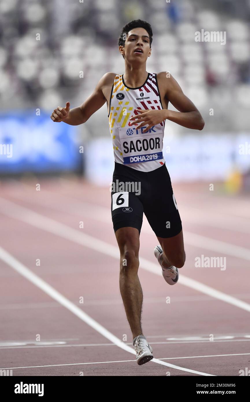 Der belgische Jonathan Sacoor läuft am fünften Tag der IAAF-Leichtathletik-Weltmeisterschaft in Doha, Katar, am Dienstag, den 01. Oktober 2019 in der Hitze der Männer auf 400 Meter Höhe auf den zweiten Platz. Die Welten finden vom 27. September bis zum 6. Oktober statt. BELGA FOTO DIRK WAEM Stockfoto