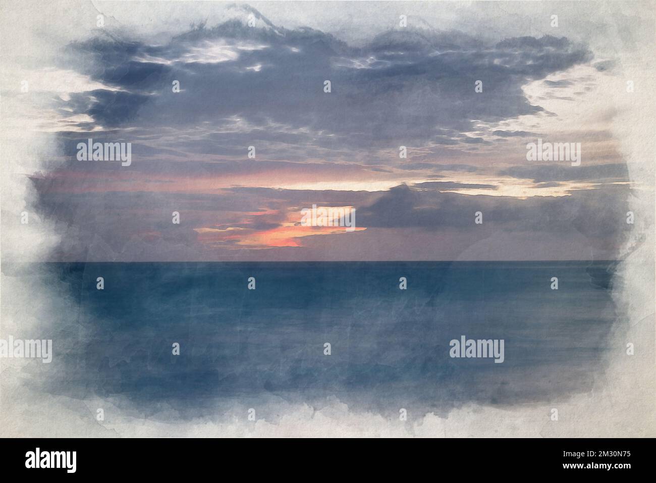Ein digitales Aquarellgemälde des Meeres zur blauen Stunde, wenn die Dämmerung über einem weißen Sandstrand bricht. Stockfoto