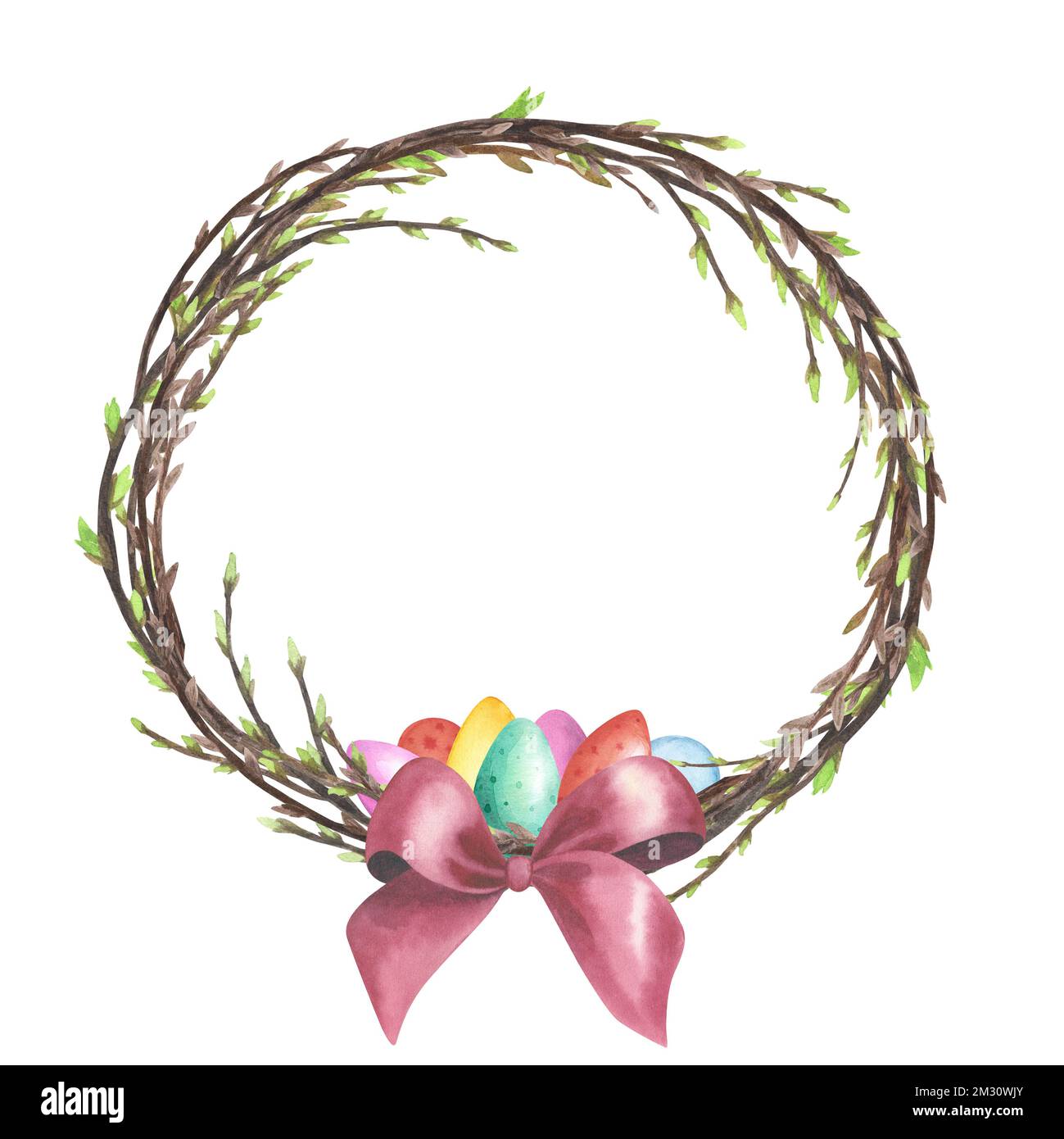 Willow-Kranz-Aquarell mit Frühlingszweigen, farbigen Eiern, roter Schleife isoliert auf weißem Hintergrund. Handgemalte Osterzeichnung als Einladung Stockfoto