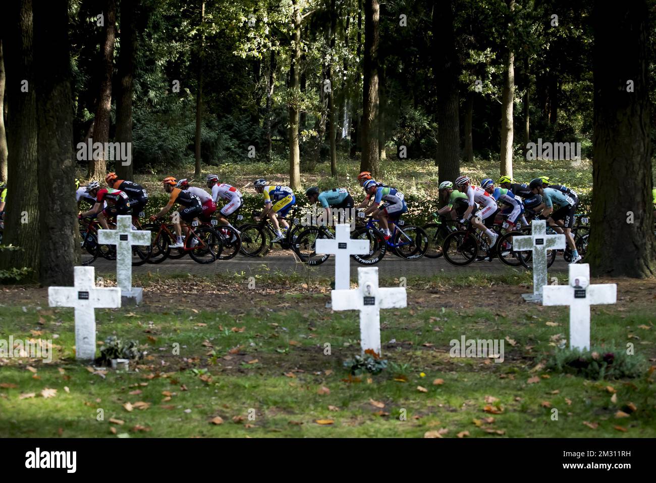 Das Abbildungsbild zeigt die Reiter, die während des Radrennen „Memorial Rik Van Steenbergen“ von Beerse nach Arendonk am Sonntag, den 13. Oktober 2019, an einem Friedhof in Merksplas-Kolonie vorbeifahren. BELGA FOTO KRISTOF VAN ACCOM Stockfoto