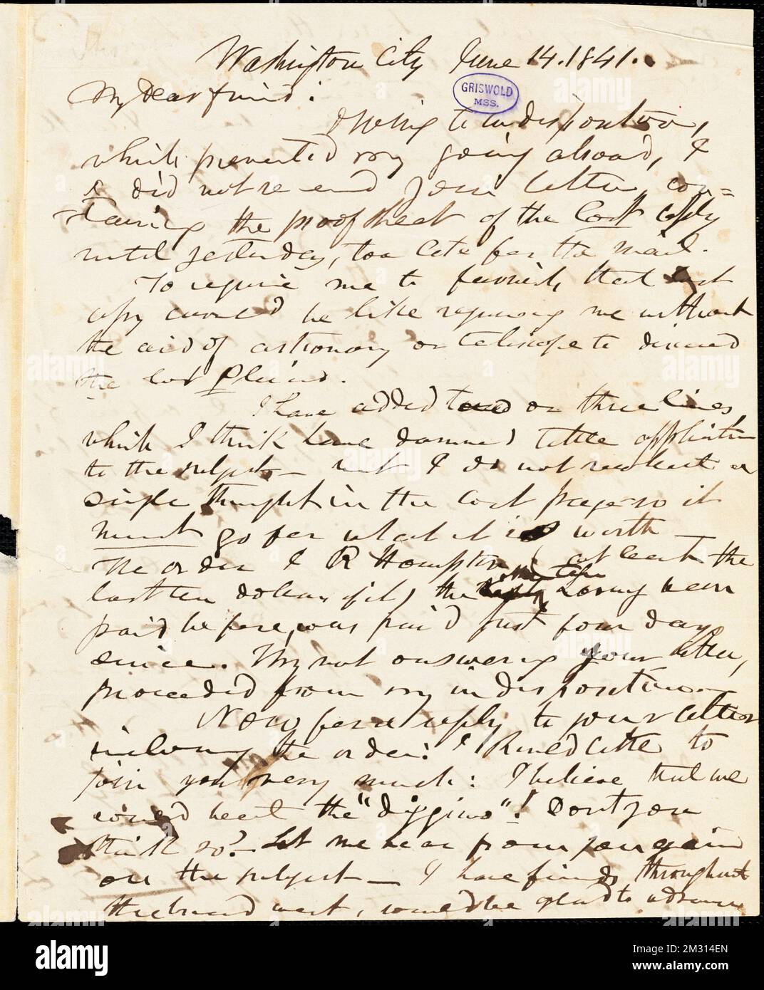 Frederick William Thomas, Washington, DC, Autogramm-Brief unterzeichnet an Edgar Allan Poe, 14. Juni 1841, amerikanische Literatur, 19.. Jahrhundert, Geschichte und Kritik, Autoren, Amerikaner, 19.. Jahrhundert, Korrespondenz, Autoren und Verleger, Dichter, Amerikaner, 19.. Jahrhundert, Korrespondenz. Rufus W. Griswold Papers Stockfoto