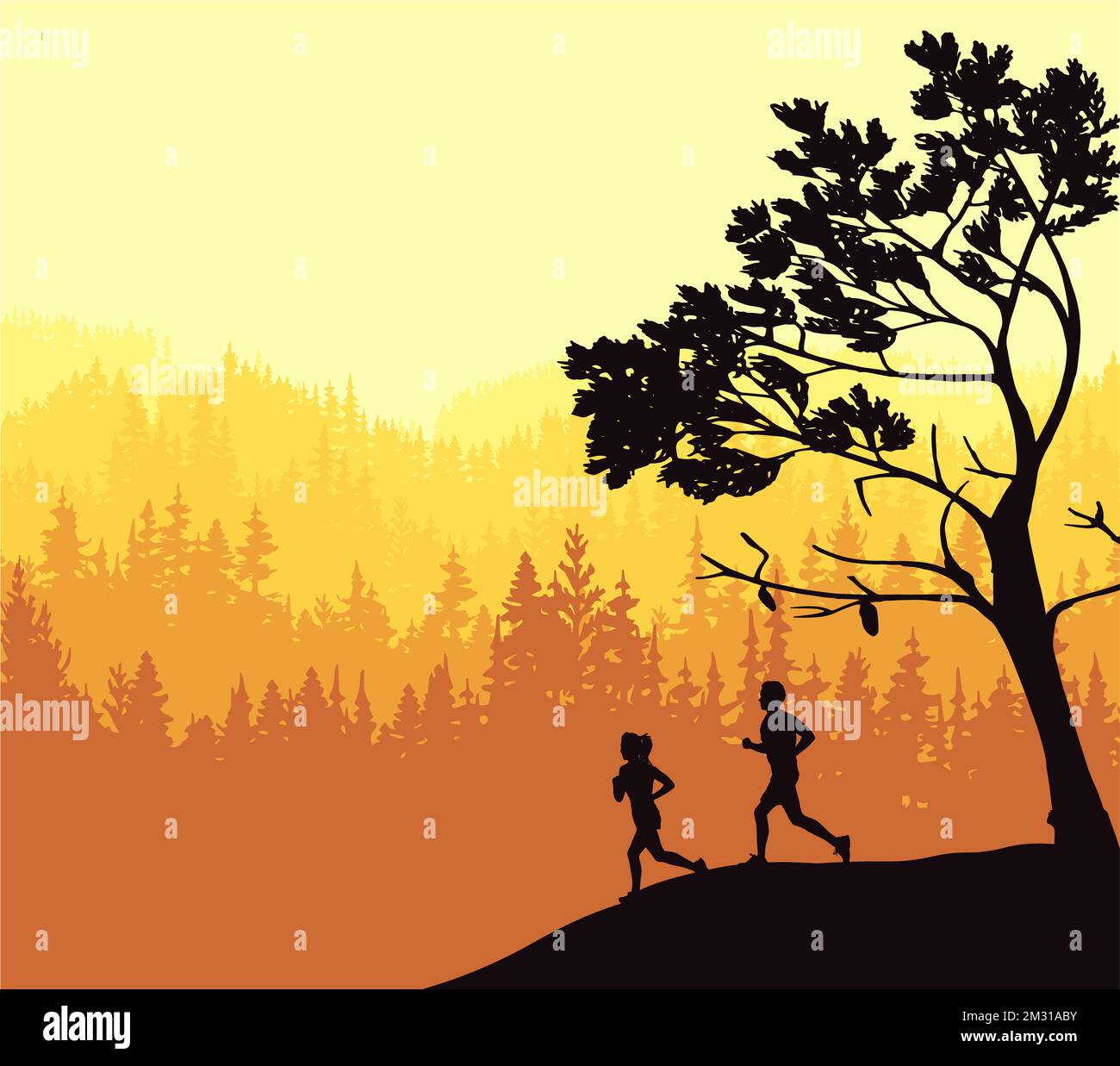 Silhouette von Jungen und Mädchen beim Joggen. Baum vorne, Waldhintergrund. Magische neblige Landschaft. Illustration, Abzeichen, Aufkleber. Stockfoto