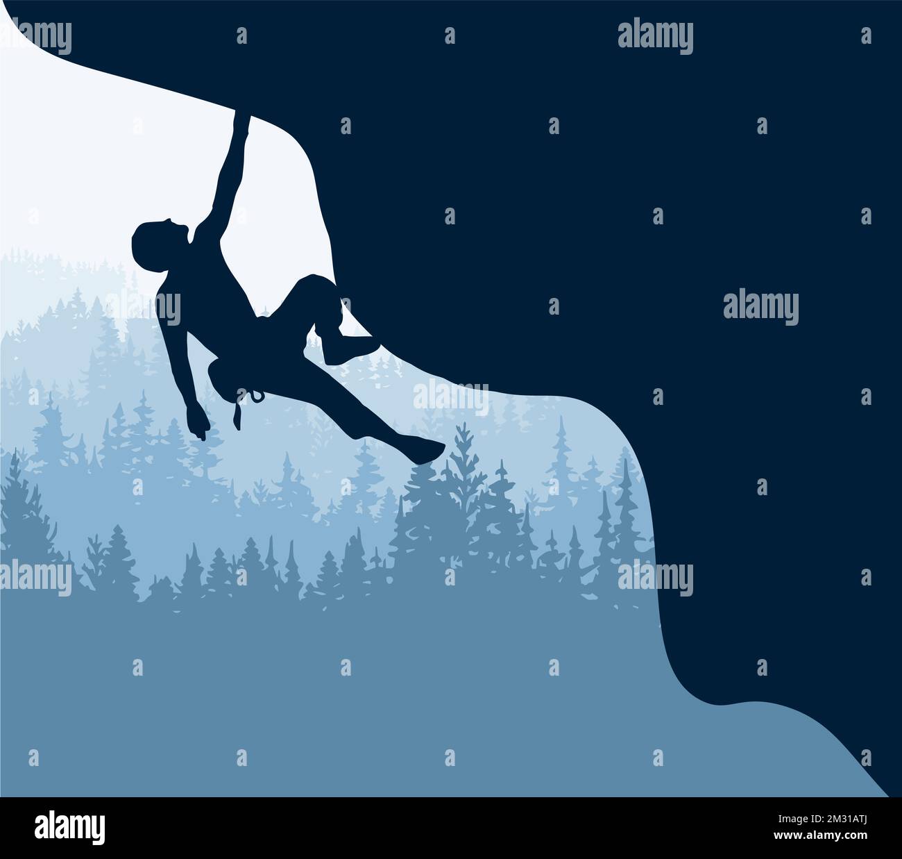 Silhouette des Überhangs beim Klettern. Wald im Hintergrund. Magische neblige Landschaft, Nebel. Blaue Abbildung. Marke, Aufkleber. Stockfoto