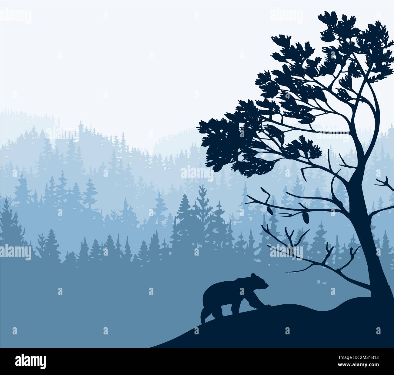 Die Silhouette des Bären klettert den Hügel hinauf. Baum vorne, Waldhintergrund. Magische neblige Landschaft. Illustration, Abzeichen, Aufkleber. Stockfoto