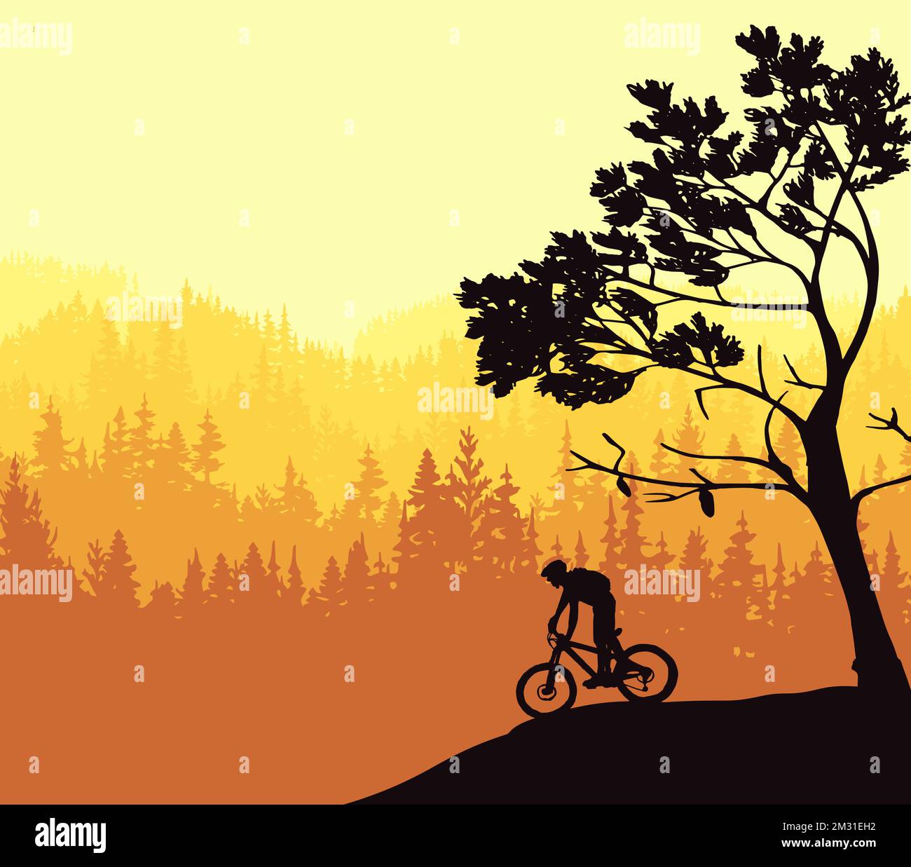 Silhouette eines Mountainbike-Fahrers in wilder Naturlandschaft. Berge, Wald im Hintergrund. Magische neblige Natur. Gelbe Abbildung. Stock Vektor