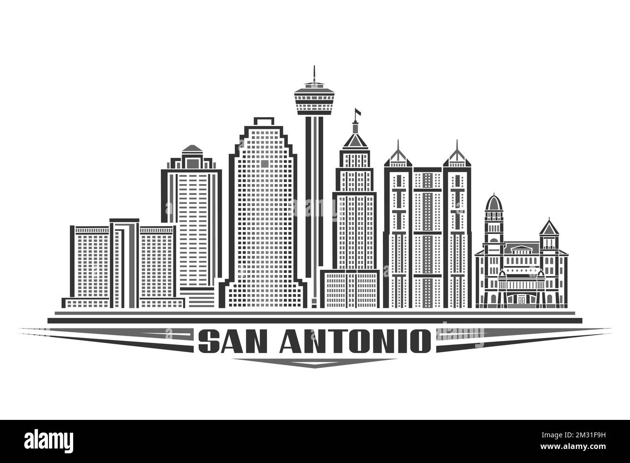 Vektordarstellung von San Antonio, einfarbiges horizontales Poster mit linearem Design, berühmtes amerikanisches Stadtbild, urbanes Kunstkonzept mit Dekoration Stock Vektor