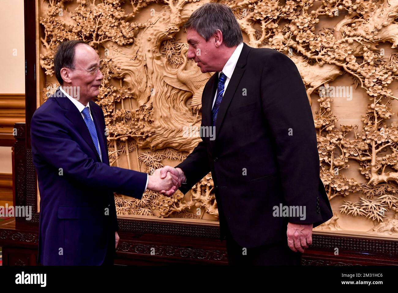 Wang Qishan, Chinas Vizepräsident und flämischer Ministerpräsident Jan Jambon, zeigte sich am ersten Tag einer belgischen Wirtschaftsmission in China am Montag, den 18. November 2019. Mehrere föderale und regionale Minister begleiten die Prinzessin vom 18. Bis 23. November auf einer Wirtschaftsmission nach China. BELGA FOTO DIRK WAEM Stockfoto