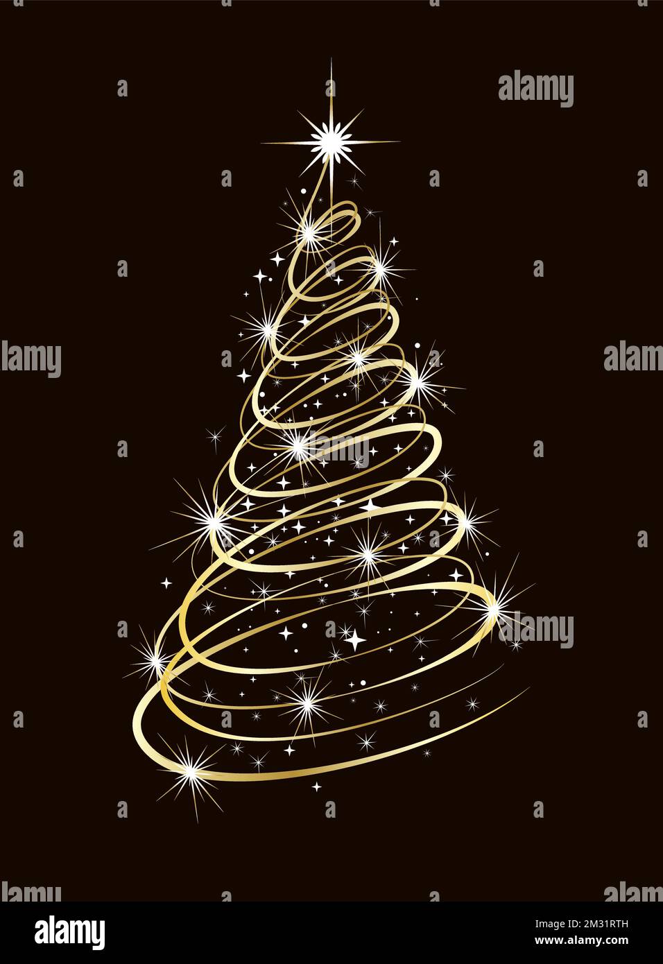 Weihnachtsbaum in Goldfarbe mit leuchtenden Lichtern auf dunklem Hintergrund. Stock Vektor