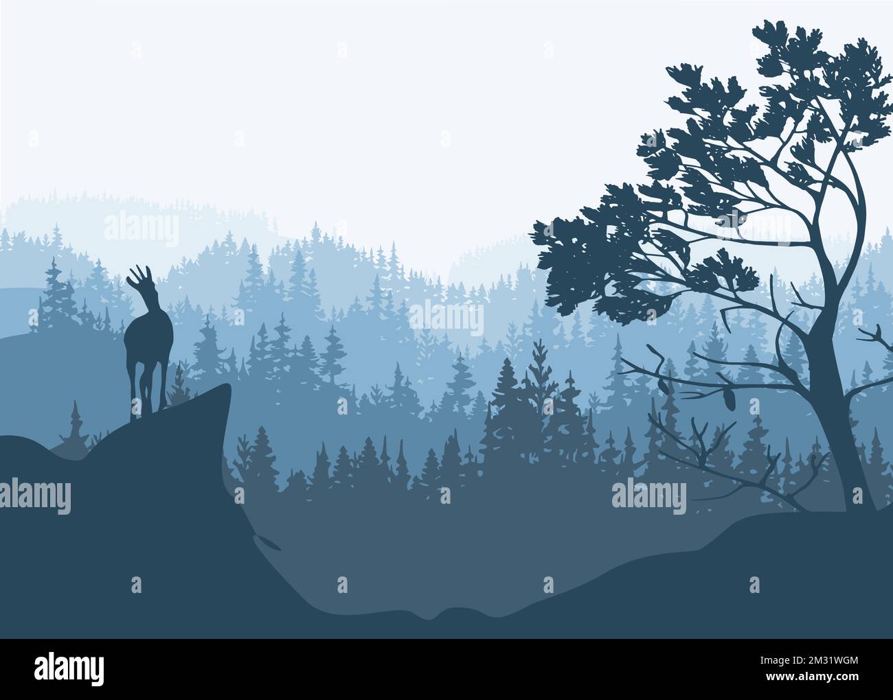 Ein Chamois steht auf einem Hügel mit Bergen und Wald im Hintergrund. Kiefer im Vordergrund. Magische nebelige Landschaft. Naturillustrierung. Stock Vektor