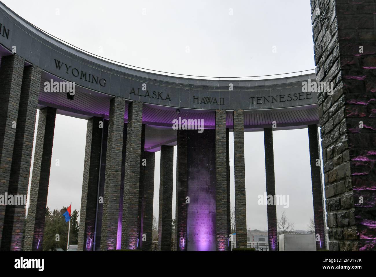 Das Bild zeigt das Mardasson Memorial anlässlich des 75.. Jahrestages der Ardennenschlacht am Freitag, den 13. Dezember 2019 in Bastogne. Die Schlacht fand während des Zweiten Weltkriegs von Dezember 16. 1944 bis Januar 25. 1945 statt. BELGA FOTO BERNARD GILLET Stockfoto