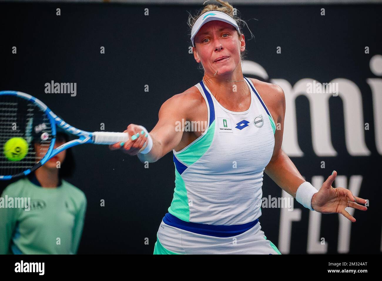 Die belgische Yanina Wickmayer wurde während eines Qualifikationsspiels für Frauen mit Singles zwischen der belgischen Yanina Wickmayer (WTA 115) und der australischen Ellen Perez (WTA 248) beim „Australian Open“ Tennis Grand Slam am Dienstag, den 14. Januar 2020 in Melbourne, Australien, gezeigt. BELGA FOTO PATRICK HAMILTON Stockfoto
