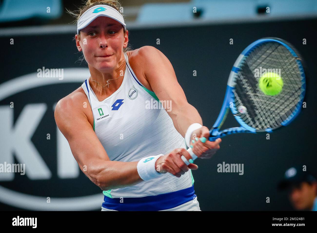 Die belgische Yanina Wickmayer wurde während eines Qualifikationsspiels für Frauen mit Singles zwischen der belgischen Yanina Wickmayer (WTA 115) und der australischen Ellen Perez (WTA 248) beim „Australian Open“ Tennis Grand Slam am Dienstag, den 14. Januar 2020 in Melbourne, Australien, gezeigt. BELGA FOTO PATRICK HAMILTON Stockfoto