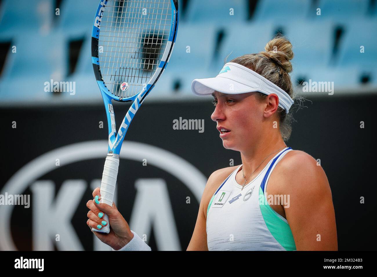 Die belgische Yanina Wickmayer wurde während eines Qualifikationsspiels für Frauen mit Singles zwischen der belgischen Yanina Wickmayer (WTA 115) und der australischen Ellen Perez (WTA 248) beim „Australian Open“ Tennis Grand Slam am Dienstag, den 14. Januar 2020 in Melbourne, Australien, gezeigt. BELGA FOTO PATRICK HAMILTON Stockfoto