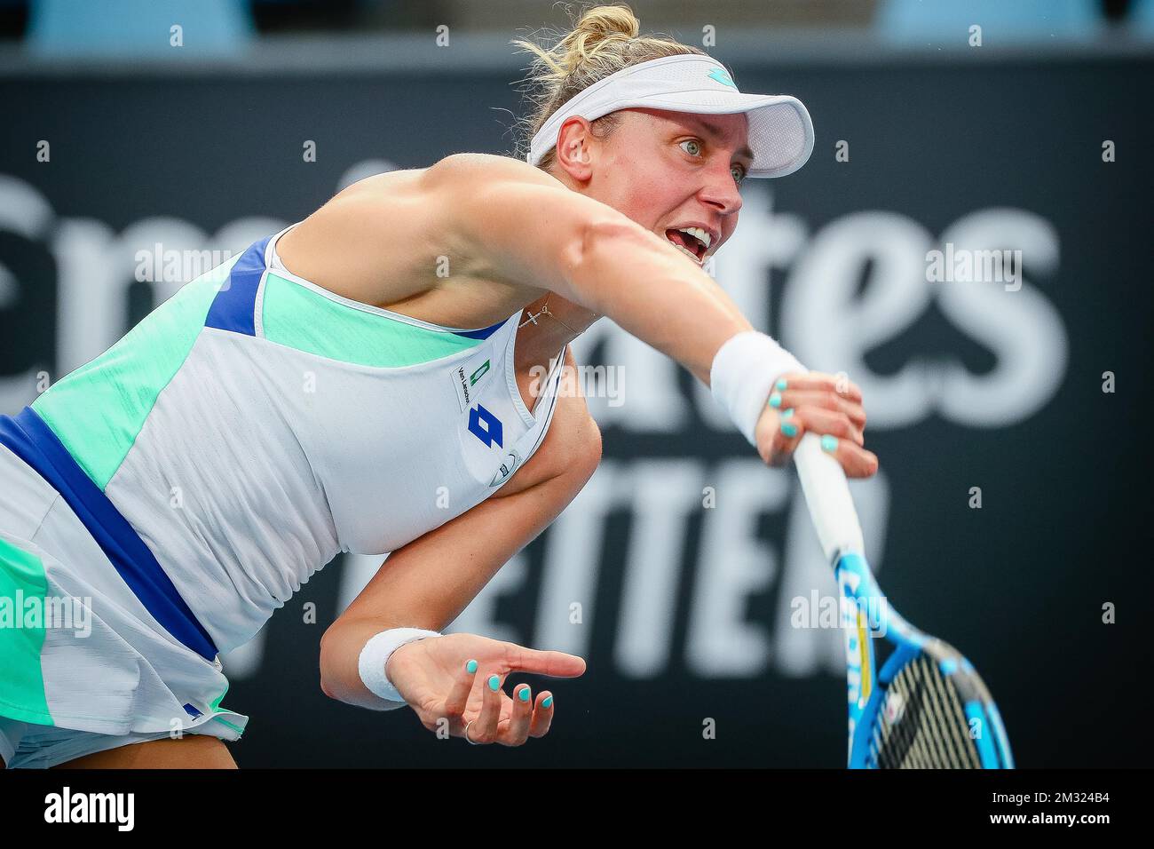 Die belgische Yanina Wickmayer wurde während eines Qualifikationsspiels für Frauen mit Singles zwischen der belgischen Yanina Wickmayer (WTA 115) und der australischen Ellen Perez (WTA 248) beim „Australian Open“ Tennis Grand Slam am Dienstag, den 14. Januar 2020 in Melbourne, Australien, gezeigt. BELGA FOTO PATRICK HAMILTON Stockfoto