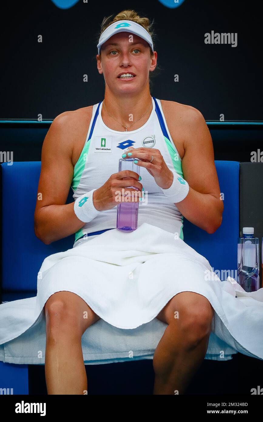 Die belgische Yanina Wickmayer wurde während eines Qualifikationsspiels für Frauen mit Singles zwischen der belgischen Yanina Wickmayer (WTA 115) und der australischen Ellen Perez (WTA 248) beim „Australian Open“ Tennis Grand Slam am Dienstag, den 14. Januar 2020 in Melbourne, Australien, gezeigt. BELGA FOTO PATRICK HAMILTON Stockfoto