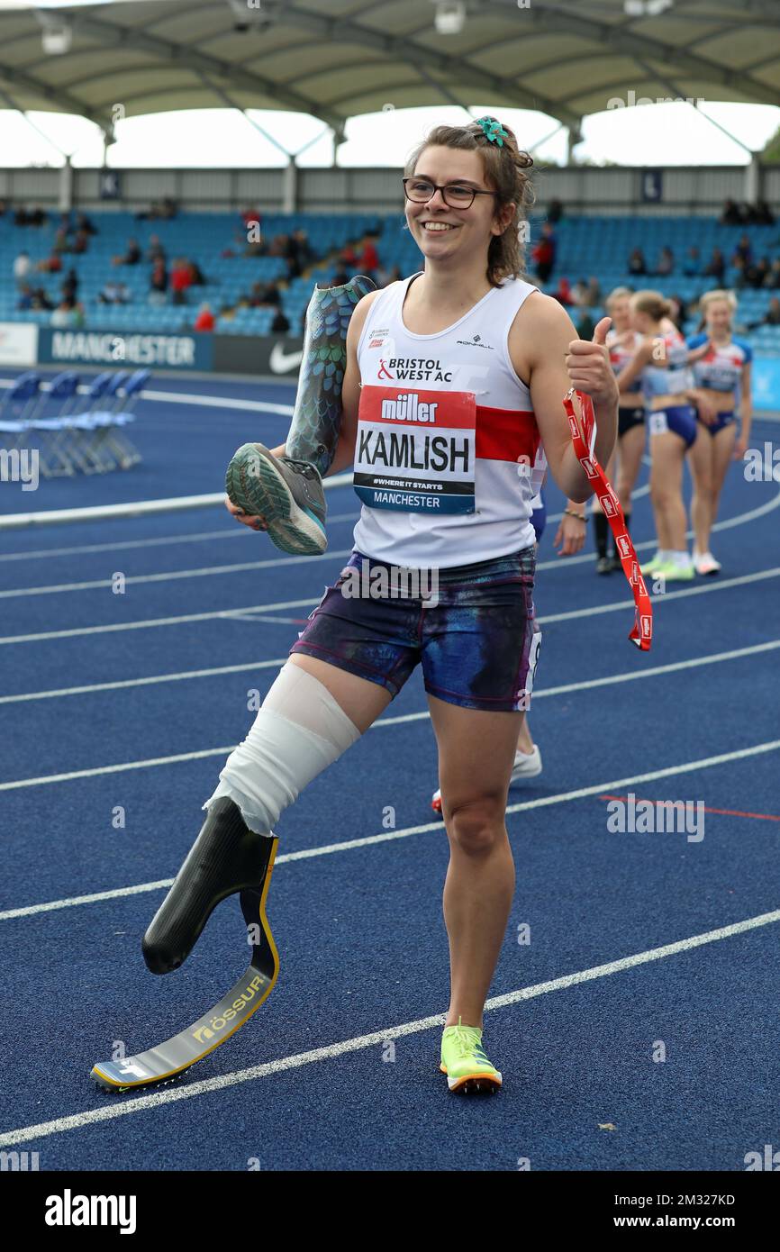 Sophie Kamlish nach den 100m Jahren bei den Müller UK Athletics Championships in der Manchester Regional Arena Stockfoto