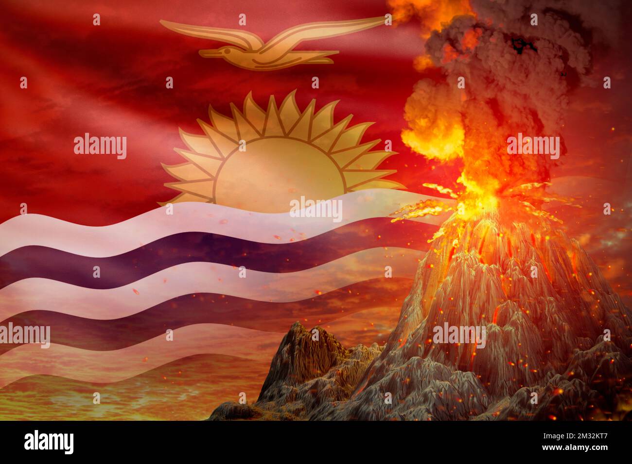 Großer Vulkanausbruch bei Nacht mit Explosion auf dem Hintergrund der Kiribati-Flagge, Probleme aufgrund des Ausbruchs und Vulkanasche Konzept - 3D Abbildung von n Stockfoto