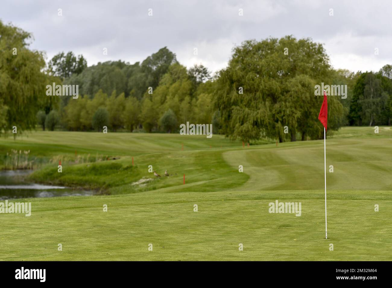 Abbildung zeigt einen leeren Golfplatz während der Vorbereitung des Golfplatzes und die Sondermaßnahmen für die Wiedereröffnung des Cleydael Golf and Country Clubs am Montag, den 4.. Mai, Freitag, den 01. Mai 2020. Golf ist möglich in einer Gruppe (Flug) von 3 Personen und das Clubhaus und die Einrichtungen bleiben geschlossen. Belgien befindet sich in der siebten Woche der Eindämmung in der anhaltenden Coronavirus-Krise. Die Regierung kündigte einen Stufenplan an, um einen Ausweg aus der Abriegelungssituation im Land zu versuchen und die Ausbreitung von Covid-19 weiterhin zu verhindern. BELGA FOTO DIRK WAEM Stockfoto