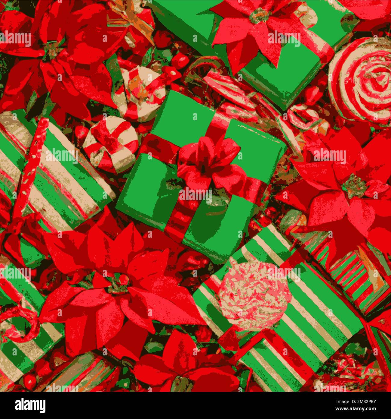 Weihnachtsgeschenkpakete, verpackt mit Bändern und Schleifen. Poinsettia, Zuckerrohr, grüne und rote Overhead-Gruppe. Stock Vektor