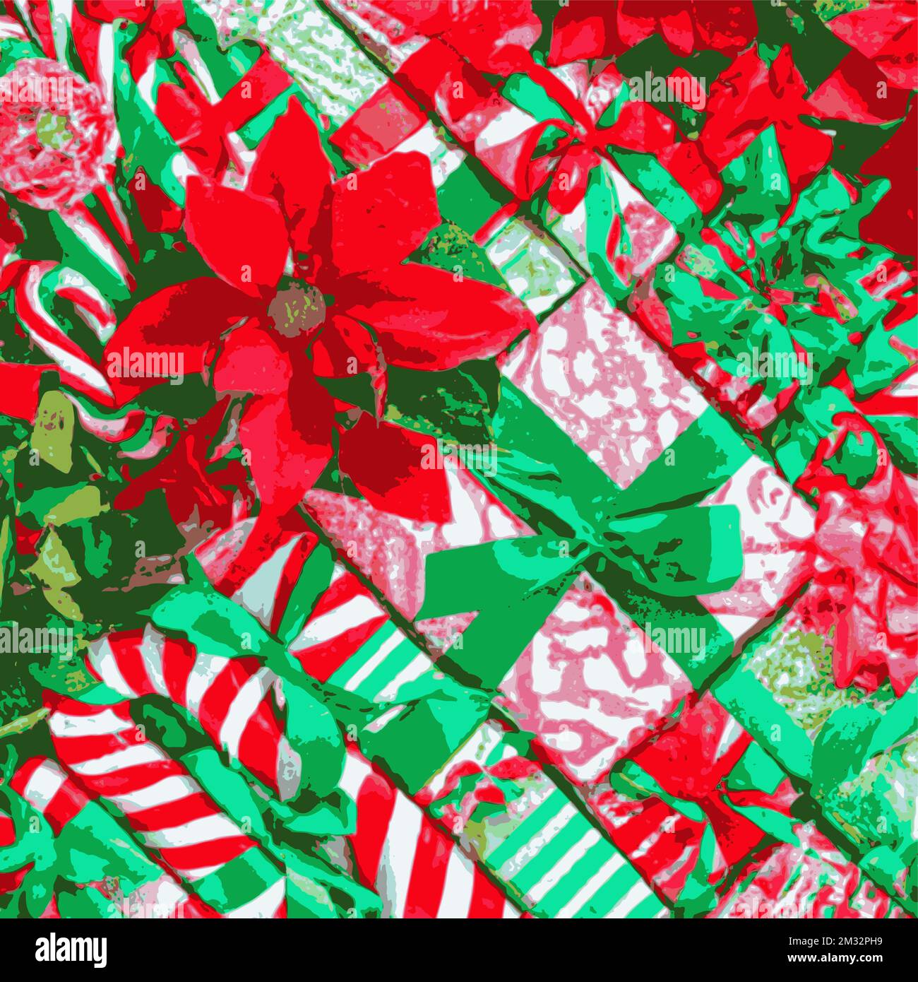 Weihnachtsgeschenkpakete, verpackt mit Bändern und Schleifen. Poinsettia, Zuckerrohr, grüne und rote Overhead-Gruppe. Stock Vektor