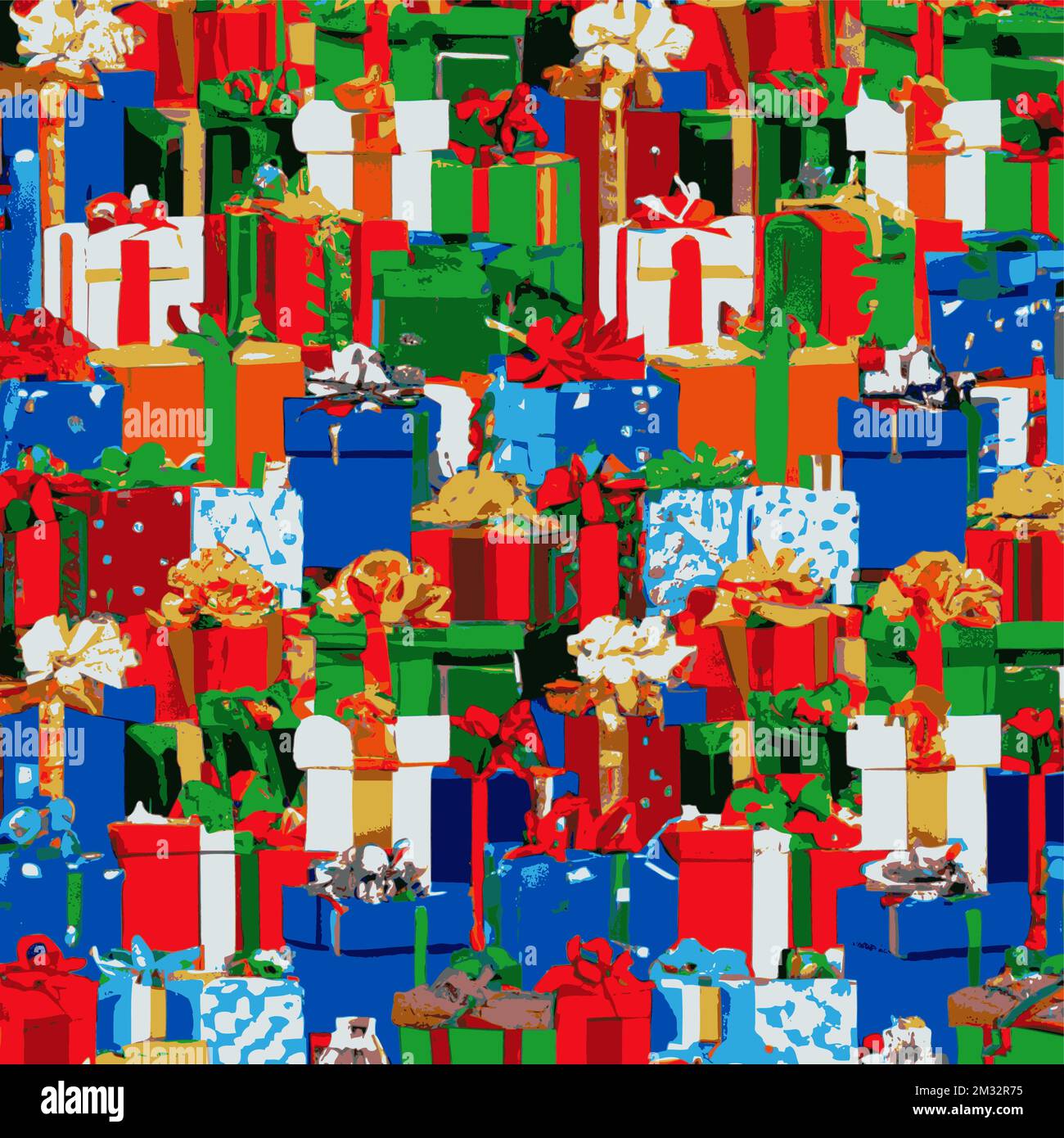 Weihnachtsgeschenkpakete, verpackt mit Bändern und Schleifen. Hintergrund mit farbenfroh dekorierten Geschenkboxen. Stock Vektor