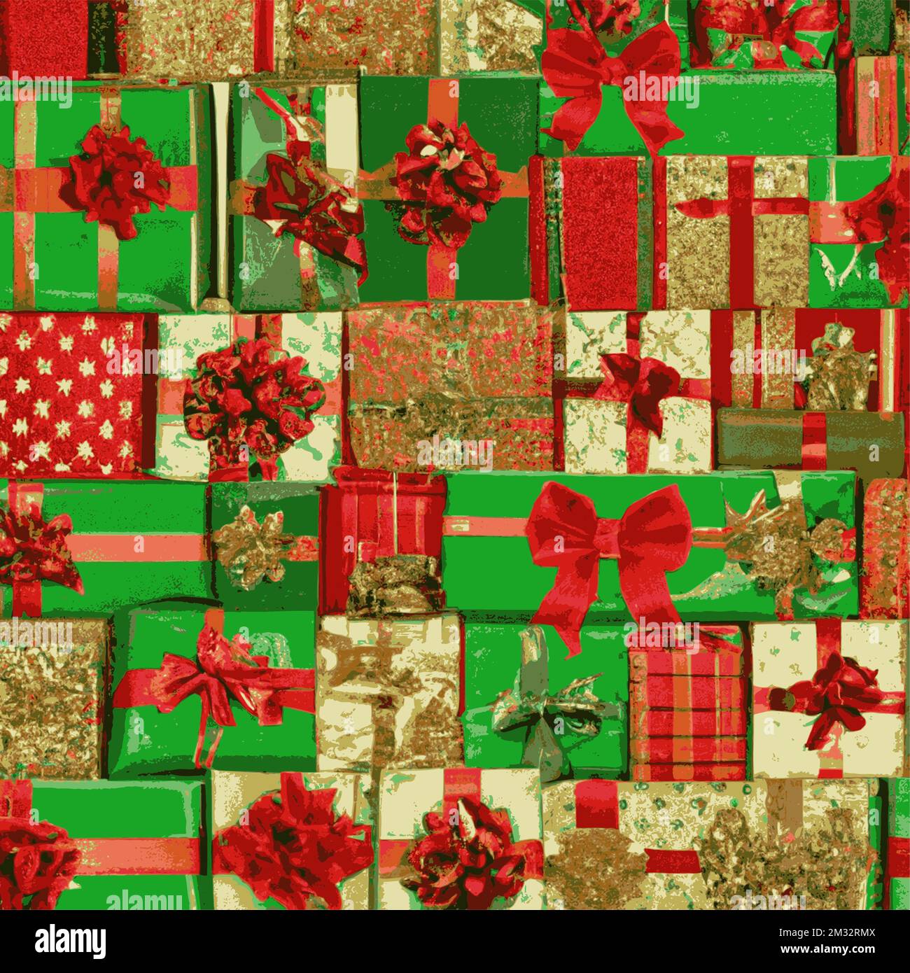 Weihnachtsgeschenkpakete, verpackte grüne Boxen, mit goldenen Bändern und roten Schleifen. Hintergrund mit farbenfroh dekorierten Geschenkboxen. Stock Vektor