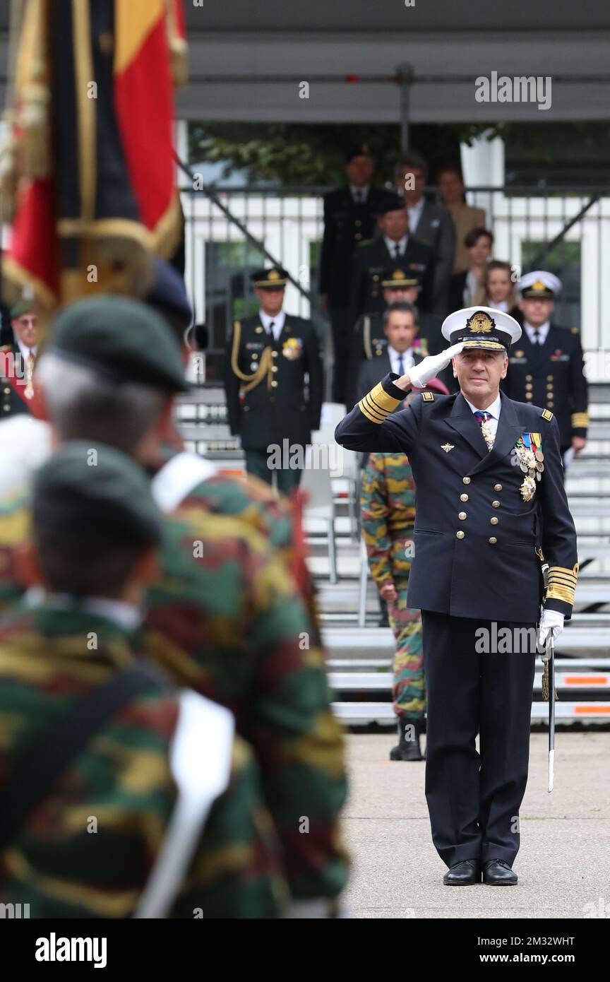 Der neue Generalverteidiger Michel Hofman wurde während der Zeremonie der Übertragung des Befehls des belgischen Generalverteidigungschefs an der königlichen Militärschule in Brüssel am Freitag, den 10. Juli 2020, fotografiert. BELGA FOTO BENOIT DOPPPAGNE Stockfoto