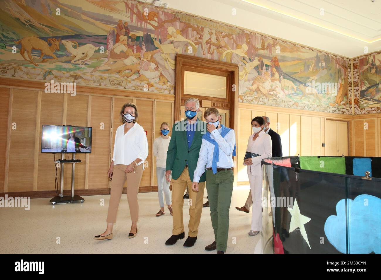Königin Mathilde von Belgien, Prinzessin Eleonore, König Philippe - Filip von Belgien und Prinz Emmanuel, die bei einem königlichen Besuch im Haus der europäischen Geschichte (Huis van de Europese Geschiedenis - Maison de l'histoire Europeennee) am Sonntag, den 20. September 2020, in Brüssel zu sehen sind. Zusammen mit dem autofreien Sonntag findet in Brüssel der Tag der offenen Denkmäler statt. BELGA FOTO NICOLAS MAETERLINCK Stockfoto