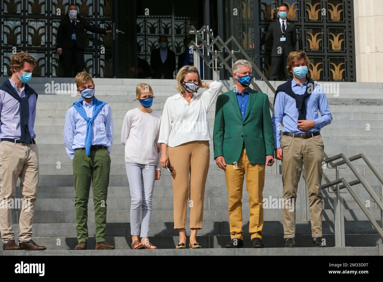 Prinz Emmanuel (2L), Prinzessin Eleonore, Königin Mathilde von Belgien, König Philippe - Filip von Belgien und Prinz Gabriel, die bei einem königlichen Besuch im Haus der europäischen Geschichte (Huis van de Europese Geschiedenis - Maison de l'histoire Europeennee) am Sonntag, den 20. September 2020 in Brüssel abgebildet wurden. Zusammen mit dem autofreien Sonntag findet in Brüssel der Tag der offenen Denkmäler statt. BELGA FOTO NICOLAS MAETERLINCK Stockfoto
