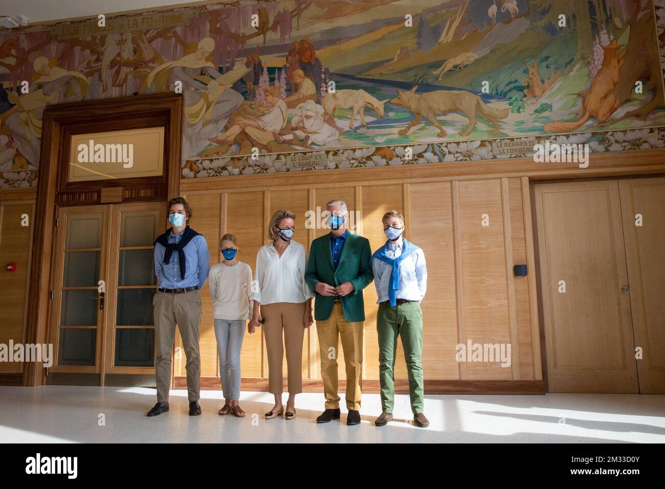 Prinz Gabriel, Prinzessin Eleonore, Königin Mathilde von Belgien, König Philippe - Filip von Belgien und Prinz Emmanuel, die bei einem königlichen Besuch im Haus der europäischen Geschichte (Huis van de Europese Geschiedenis - Maison de l'histoire Europeennee) am Sonntag, den 20. September 2020 in Brüssel zu sehen sind. Zusammen mit dem autofreien Sonntag findet in Brüssel der Tag der offenen Denkmäler statt. BELGA FOTO NICOLAS MAETERLINCK Stockfoto