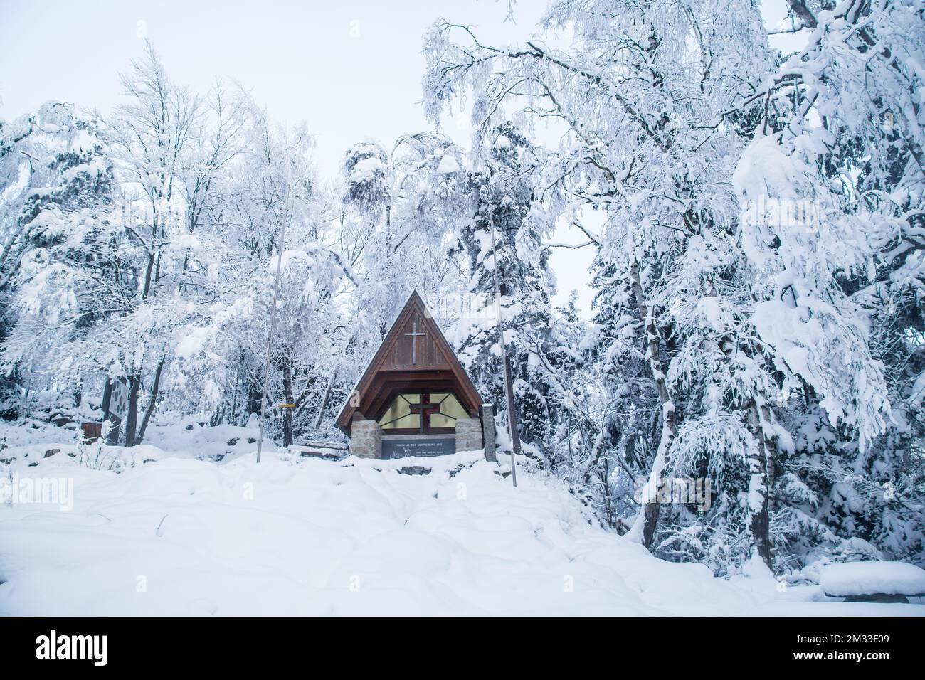 Gedenkstätte am Mandelstein im Winter, Waldviertel, Österreich Stockfoto