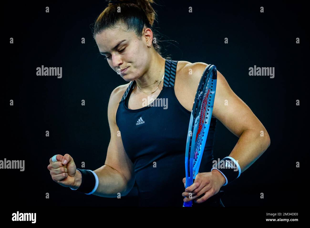 Maria Sakkari wurde während eines Tennisspiels zwischen griechischer Maria Sakkari (WTA 22) und deutscher Angelique Kerber (WTA 25), im Viertelfinale des Frauenspiels bei der WTA-Trophäe „Grampians“ vor dem Grand Slam der Australian Open am Samstag, den 06. Februar 2021 in Melbourne, Australien, gezeigt. Maria Sakkari gewann das Spiel in zwei Sätzen. BELGA FOTO PATRICK HAMILTON Stockfoto