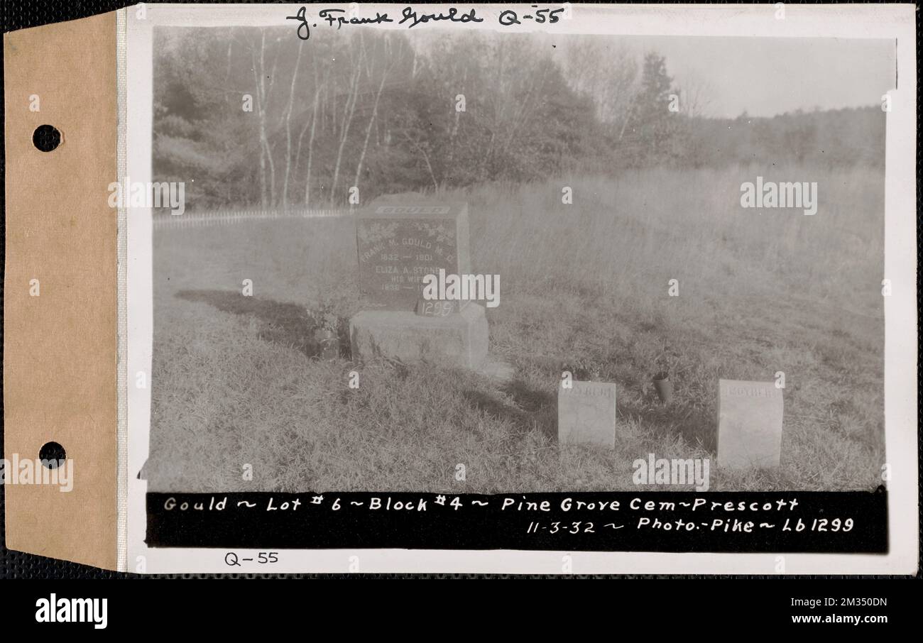 Gould, Pine Grove Cemetery, Block no. 4, lot 6, Prescott, Mass., Nov. 3, 1932 : J. Frank Gould, Q-55 , waterworks, reservoirs water distribution structures, real estate, cemeteries Stockfoto