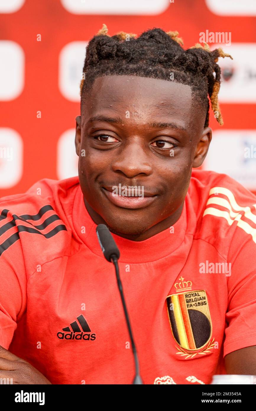 Jeremy Doku aus Belgien wurde auf einer Pressekonferenz der belgischen Fußballnationalmannschaft Red Devils in Tubize am Dienstag, den 01. Juni 2021, gezeigt. Das Team bereitet sich auf die bevorstehende Europameisterschaft 2020 vor. BELGA FOTO BRUNO FAHY Stockfoto