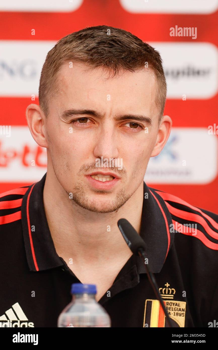 Der belgische Timothy Castagne wurde auf einer Pressekonferenz der belgischen Fußballnationalmannschaft Red Devils am Dienstag, den 01. Juni 2021 in Tubize gezeigt. Das Team bereitet sich auf die bevorstehende Europameisterschaft 2020 vor. BELGA FOTO BRUNO FAHY Stockfoto