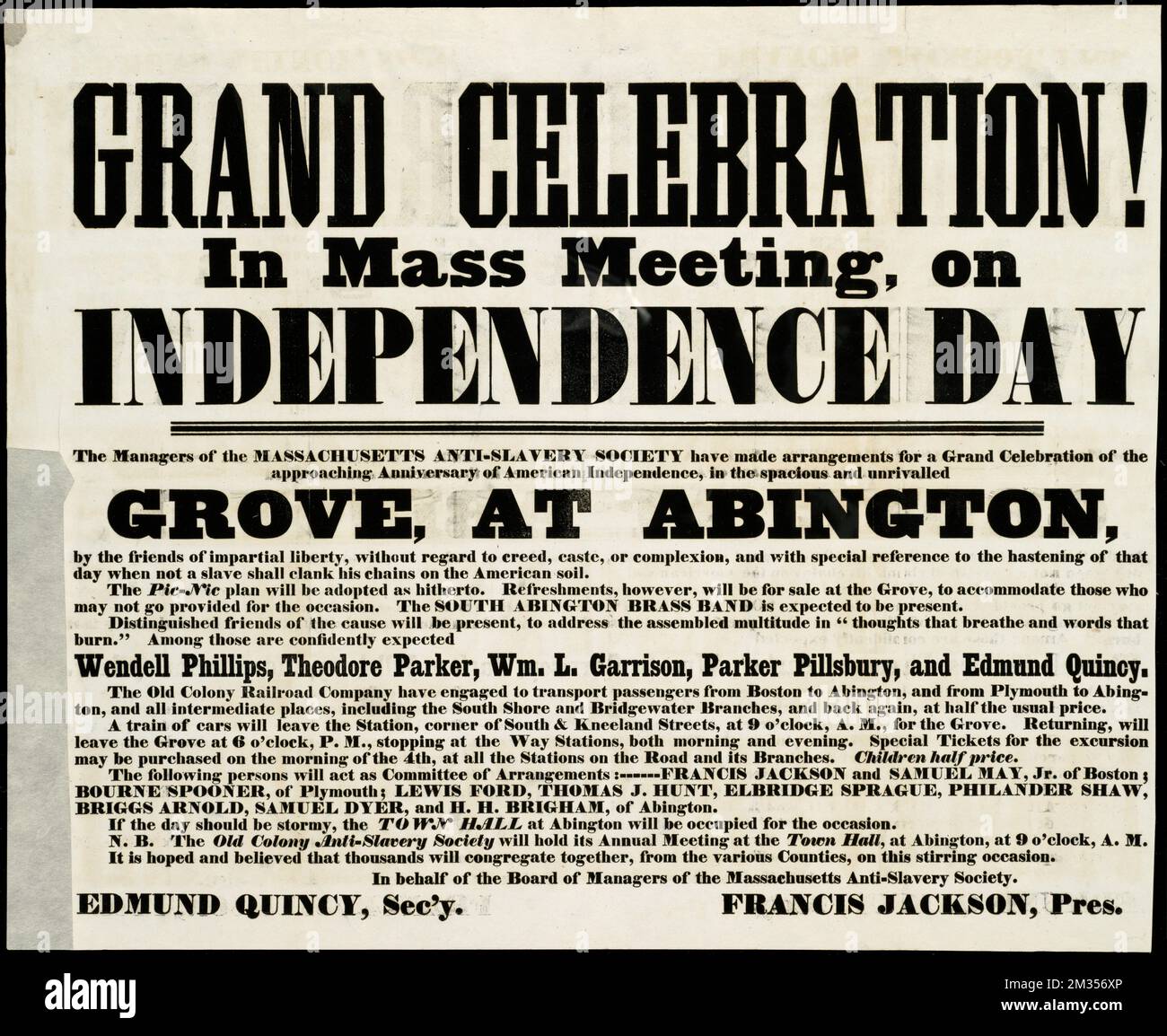 Große Feier : in der Massenversammlung am Unabhängigkeitstag : die Manager der Massachusetts Anti-Sklaverei Society haben eine große Feier arrangiert... In der... grove, in Abington... Edmund Quincy, Sektion. Francis Jackson, Pr., Antislavery Movement, Massachusetts, Boston, Feierlichkeiten zum 4. Juli, Phillips, Wendell, 1811-1884, Parker, Theodore, 1810-1860, Garrison, William Lloyd, 1805-1879, Pillsbury, Parker, 1809-1898, Quincy, Edmund, 1808-1877 Stockfoto