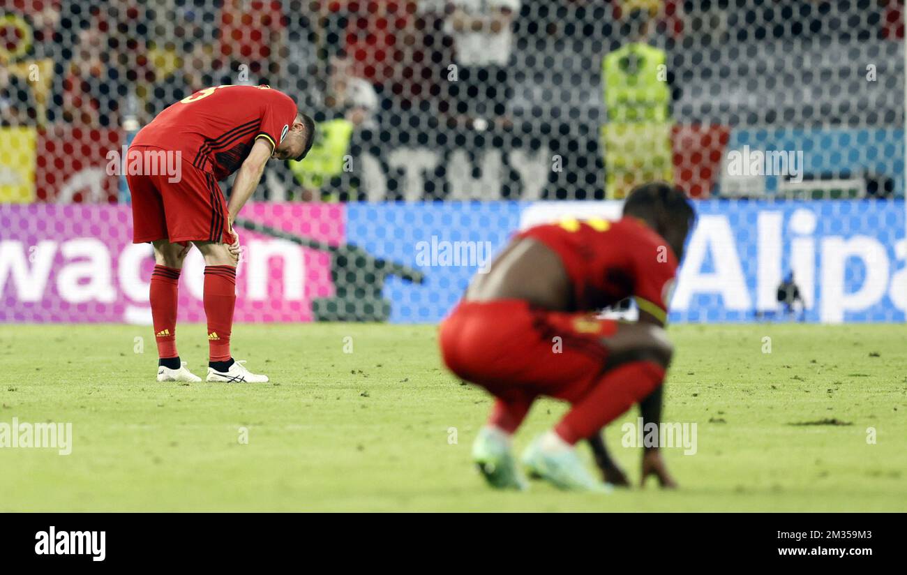 Der belgische Jeremy Doku sieht deprimiert aus, nachdem er das Viertelfinalspiel der Europameisterschaft Euro 2020 zwischen der belgischen Fußballnationalmannschaft Red Devils und Italien am Freitag, den 02. Juli 2021 in München verloren hat. BELGA FOTO BRUNO FAHY Stockfoto