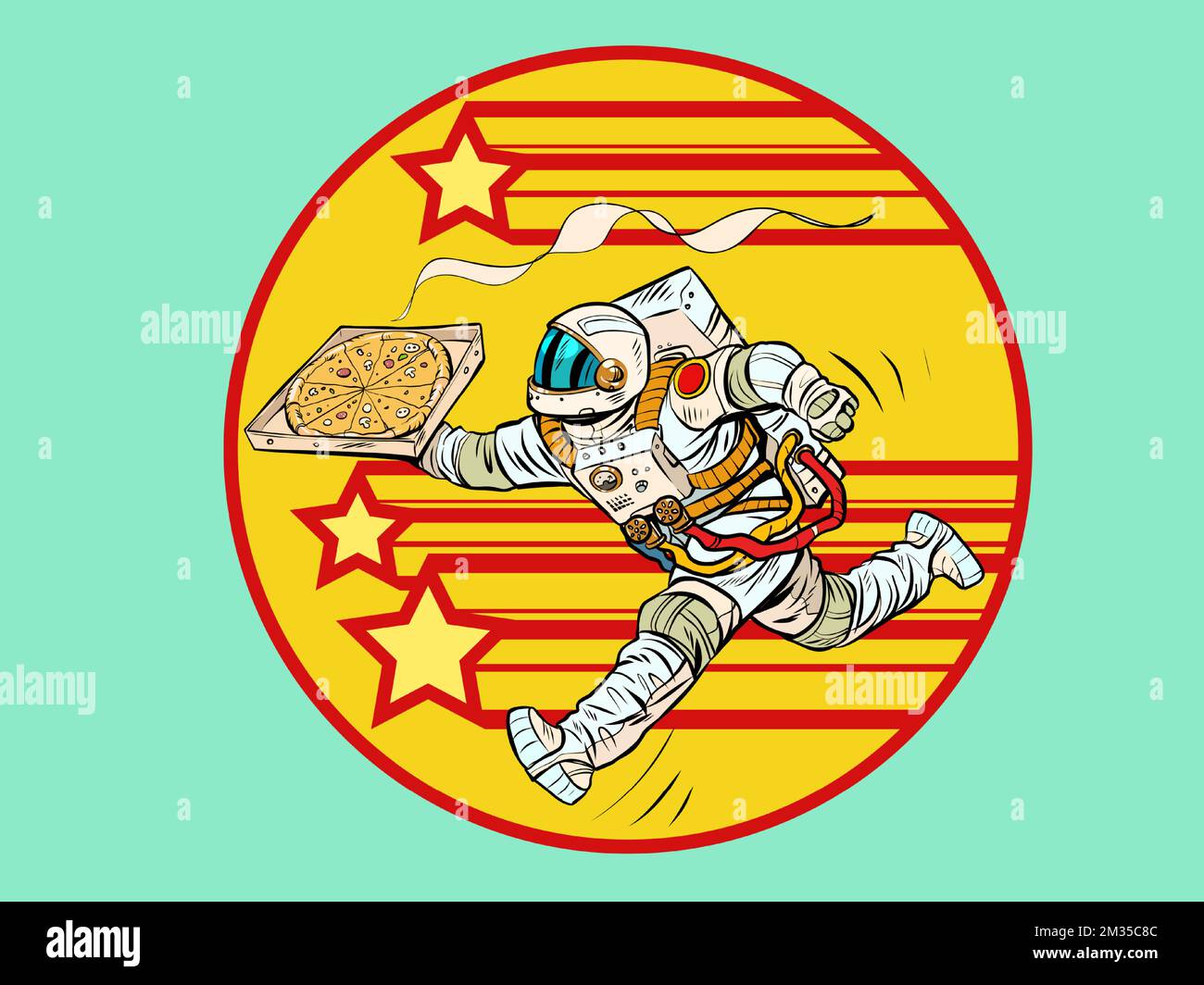 Astronaut-Pizza-Lieferung. Weltraumkurier. Street Food, italienisches Restaurant Stock Vektor