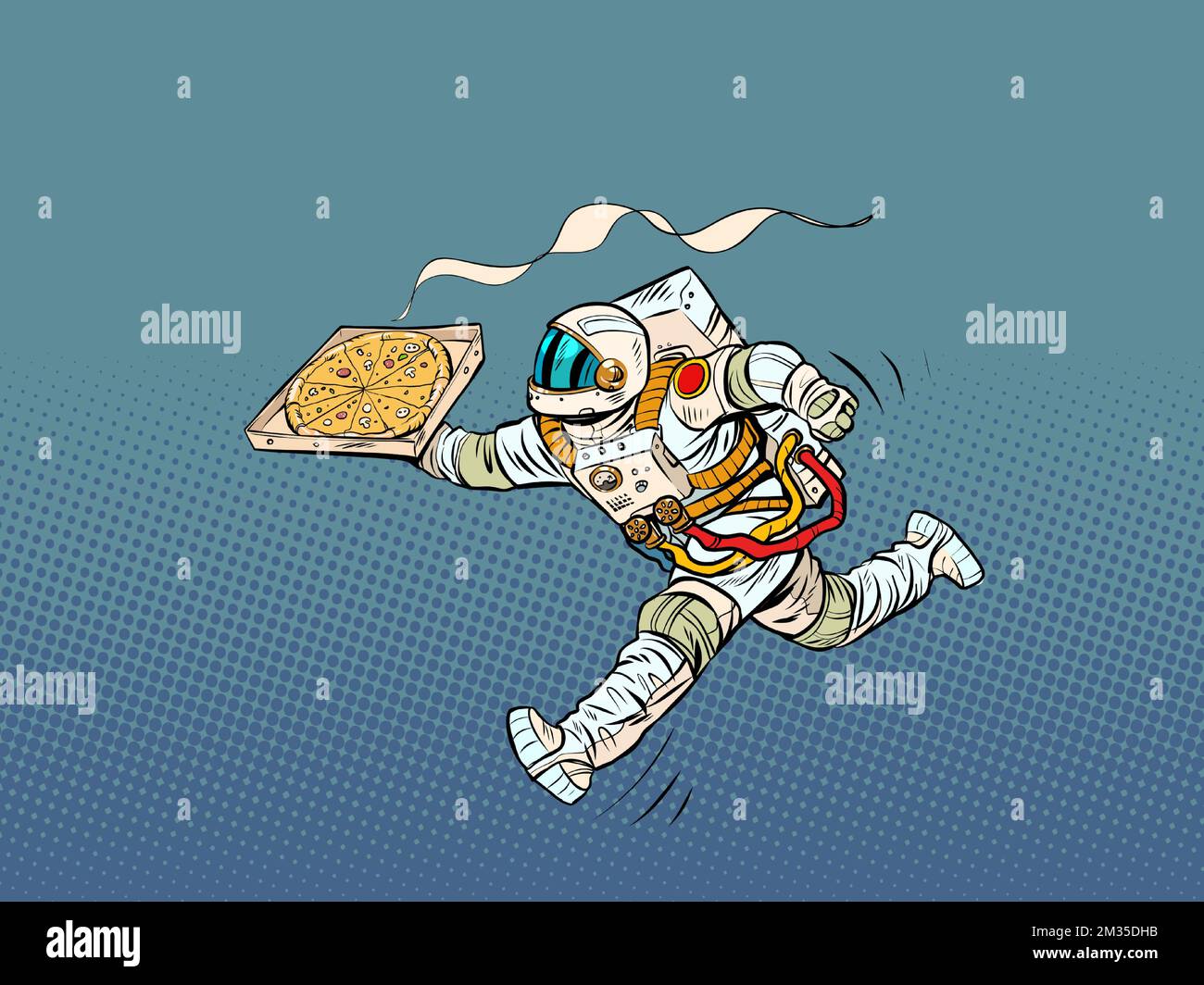 Astronaut-Pizza-Lieferung. Weltraumkurier. Street Food, italienisches Restaurant Stock Vektor