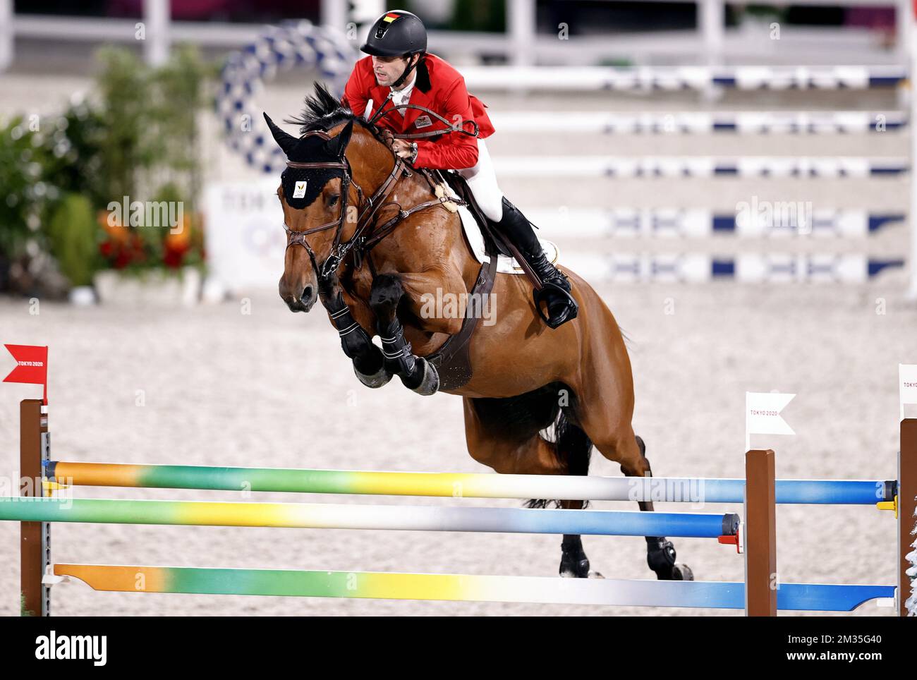 Der belgische Reiter Pieter Devos und sein Pferd Claire Z wurden während der Qualifikation für das Springturnier des Teams am 15. Tag der „Olympischen Spiele Tokio 2020“ am Freitag, den 06. August 2021 in Tokio, Japan, in Aktion vorgestellt. Die verschoben Olympischen Sommerspiele 2020 finden vom 23. Juli bis zum 8. August 2021 statt. BELGA PHOTO DIRK CAREMANS Stockfoto