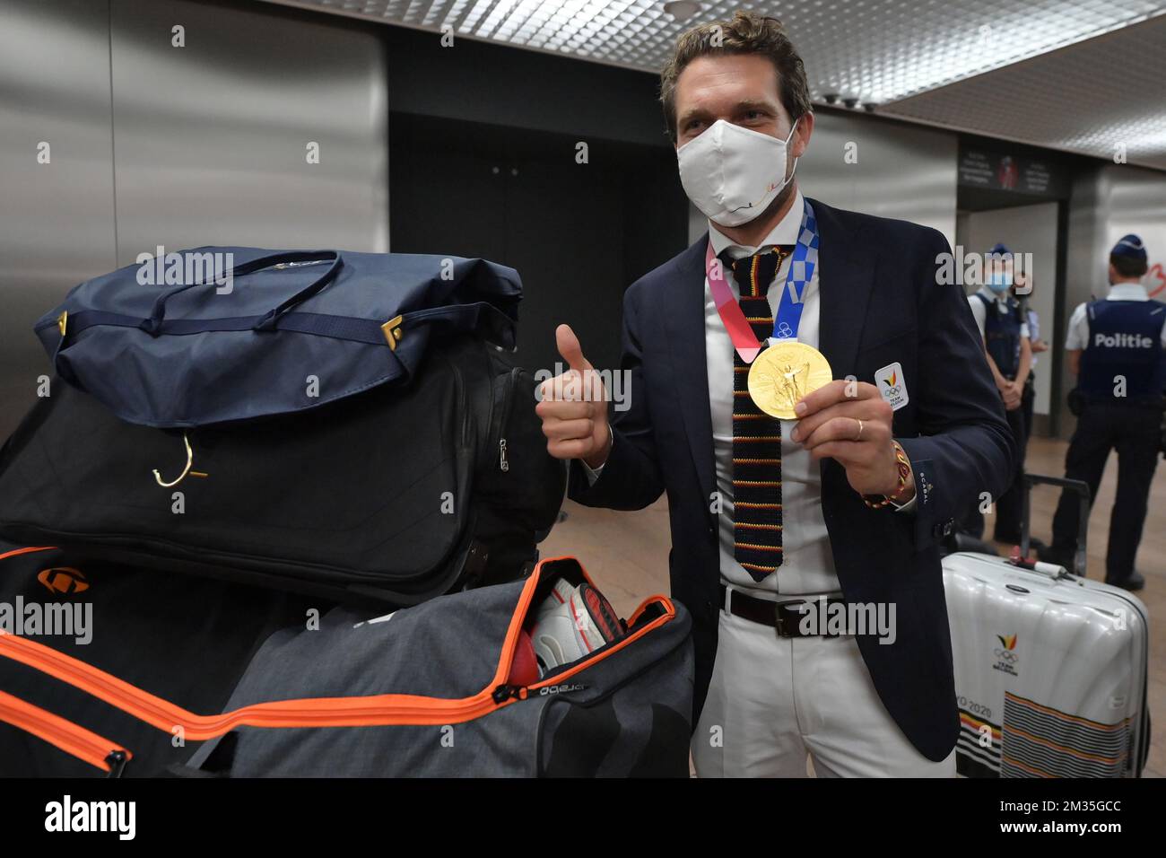 Der belgische Hockey-Torwart Vincent Vanash fotografierte bei der Rückkehr mehrerer belgischer Athleten nach den Olympischen Spielen 2020 in Tokio, Japan, am Samstag, den 07. August 2021 in der Ankunftshalle des Brüsseler Flughafens in Zaventem. BELGA FOTO DAVID STOCKMAN Stockfoto