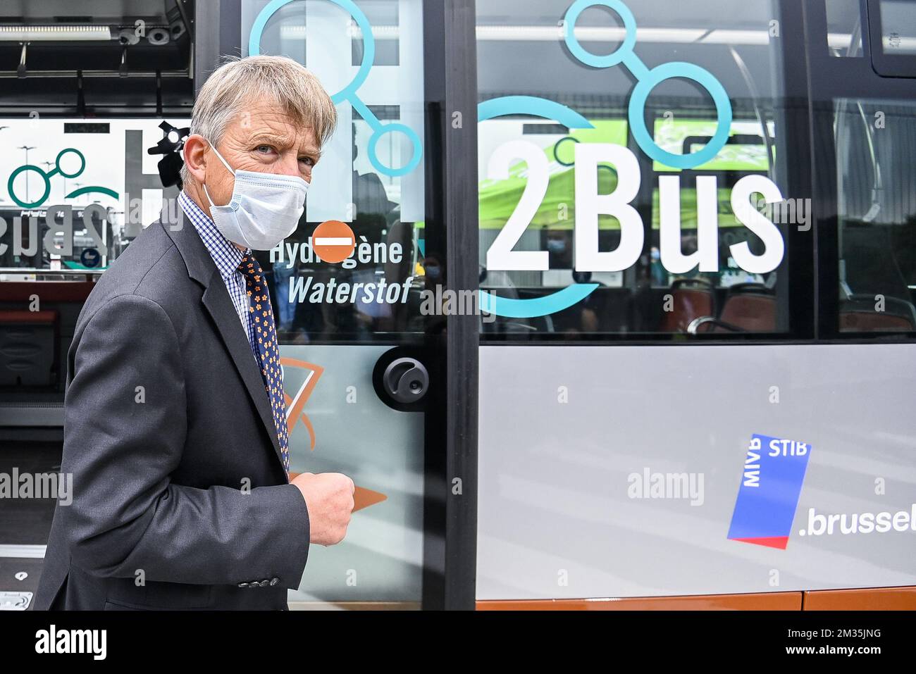 Brieuc de Meeus, CEO von MIVB-STIB, bei der Präsentation des ersten Busfahrzeugs für Wasserstoff des Brüsseler öffentlichen Verkehrsunternehmens STIB - MIVB, Montag, den 23. August 2021 in Brüssel. BELGA FOTO LAURIE DIEFFEMBACQ Stockfoto